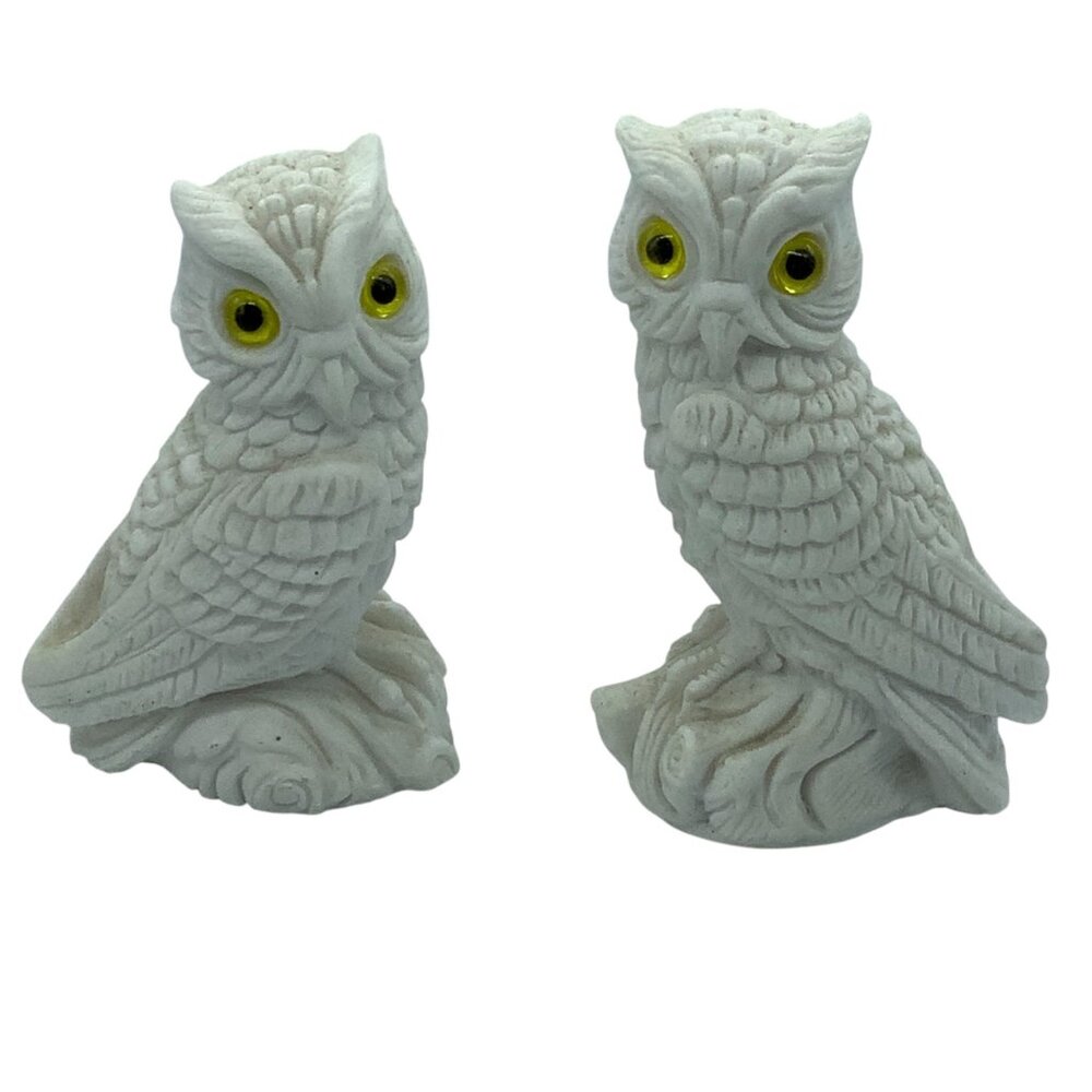 Vtg White Horned Owls Figurines Hand‎ Carved Sandstone Yellow Eyes Italy F.A